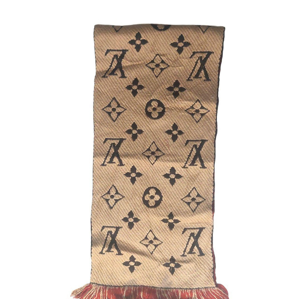 LOUIS VUITTON LV Vintage Tan, Brown & Red Monogram Scarf Wrap Scarves
